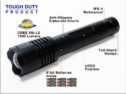 Zoom Head High Security Torchlight 1000 Lumen z 9 * bateriami AA